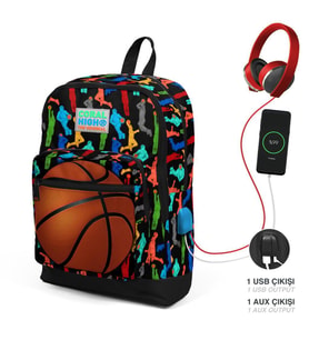 Coral High Kids Siyah Basketbol Desenli Dört Bölmeli USB Şarjlı Kulaklık Çıkışlı Okul Sırt Çantası 23281