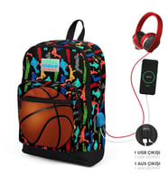 Coral High Kids Siyah Basketbol Desenli Dört Bölmeli USB Şarjlı Kulaklık Çıkışlı Okul Sırt Çantası 23281