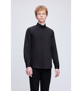 Siyah Slim Fit %100 Pamuk Açık İtalyan Yaka Uzun Kollu Saten Gömlek
