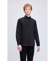 Siyah Slim Fit %100 Pamuk Açık İtalyan Yaka Uzun Kollu Saten Gömlek