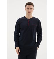 %100 Pamuk Yeni Sezon Erkek Düğme Yakalı Pijama Takımı (Lacivert)