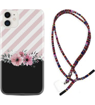 Apple iPhone 11 12 13 Mini Kılıf Boyun Asklı Rasta Silikon Strip Pink Flowers 1396