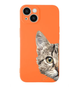 Apple iPhone 14 Uyumlu Lansman Kılıf Catface Tasarımlı İçi Kadife Kapak-Turuncu (Şeffaf)