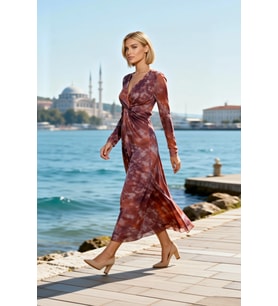 Kadın Maxi Elbise V Yaka Uzun Kol Astarlı Örme Tül Soyut Desenli Full Fermuar Kapama Shift Kalıp