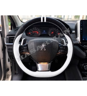 Peugeot Partner K9 Dikme Direksiyon Kılıfı Parlak Siyah Beyaz Detaylı Beyaz Çift Yüzük ve Dikiş 2018-2021