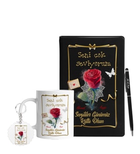 Sevgililer Gününe Özel Ahşap Defter Kalem Kupa & Süblimasyon Anahtarlık Hediye Seti 16