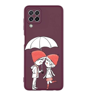 Samsung Galaxy M22 Uyumlu Lansman Kılıf Aşk Tasarımlı İçi Kadife Kapak-Mürdüm (Şeffaf)