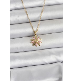 316L Çelik Zincir Gold Renk Pembe Papatya Model Kadın Kolye - TJ-BKO11030