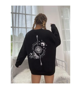 Siyah Pusula Sırt Baskılı Sweatshirt  S  Beden