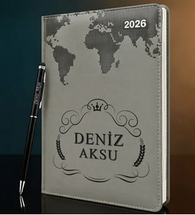 BK Gift Kişiye Özel İsimli Termo Sert Kapak 2026 Gri Ajanda & Kalem -6, Öğretmenler Günü Hediyesi, Yeni İş Hediyesi