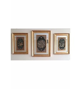İslami Tablo 3'lü Takım Naht Sanatı El Yapımı Aynalı 87x63 K.TEVHİD,70x52 ALLAH-MUHAMMED