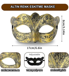 Altın Renk Eskitme Maskeli Balo Maskesi - Venedik Tarzı Parti Maskesi