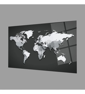 Siyah Beyaz Dünya Haritası 4mm Dayanıklı Cam Tablo Temperli Cam, World Map