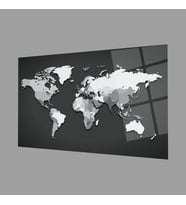 Siyah Beyaz Dünya Haritası 4mm Dayanıklı Cam Tablo Temperli Cam, World Map