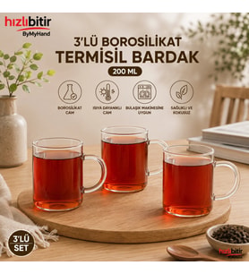 ByMyHand Borosilikat Isıya Ateşe Dayanıklı Termisil Kulplu Çay Bardağı Kahve Bardağı 3'lü Set 200 Ml