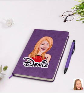 BK Gift Kişiye Özel Kadın Karikatürlü Mor Termo Deri Defter Kalem Seti Model 33