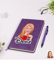 BK Gift Kişiye Özel Kadın Karikatürlü Mor Termo Deri Defter Kalem Seti Model 33
