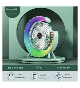 Masaüstü Vantilatör Usb Şarjlı Rgb Led Işıklı 3 Kademeli 180° Ayarlanabilir Soğutucu Fan Yeşil