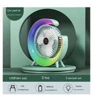 Masaüstü Vantilatör Usb Şarjlı Rgb Led Işıklı 3 Kademeli 180° Ayarlanabilir Soğutucu Fan Yeşil