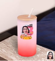 BK Gift Kadınlar Gününe Özel Karikatürlü Kırmızı Renk Pipetli Buzlu Cam Bardak 600ml - 2, 8 Mart Kadınlar Günü