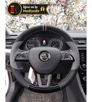 Skoda Fabia Mk3 Dikme Direksiyon Kılıfı Delikli Deri Parlak Siyah Gri Detay Çift Yüzük ve Dikiş 2014-2021