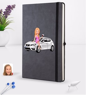 BK Gift Kişiye Özel Plakalı Kadın Seat Leon Karikatürlü Siyah Termo Deri Defter 16x24cm Model 2