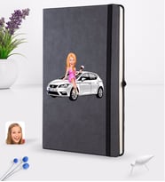 BK Gift Kişiye Özel Plakalı Kadın Seat Leon Karikatürlü Siyah Termo Deri Defter 16x24cm Model 2