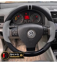 Vw Jetta 5 Dikme Direksiyon Kılıfı Delikli Deri Parlak Siyah Gri Detay Çift Yüzük ve Dikiş 2005-2010