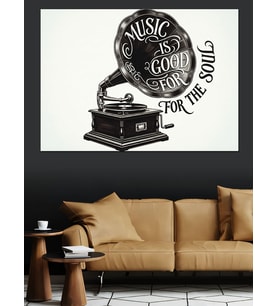 Eski Gramofon "Music İs Good For" Siyah Beyaz  Dekoratif Kanvas - Mdf Ahşap Tablo