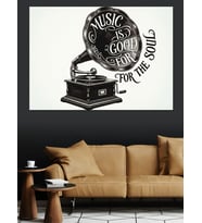 Eski Gramofon "Music İs Good For" Siyah Beyaz  Dekoratif Kanvas - Mdf Ahşap Tablo