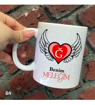 Size Özel Benim Meleğim Kanatlı Kalp Ğ Harfli Seramik Baskılı Kupa Bardaklar
