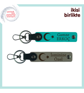 Ay Yıldız Temalı Kişiselleştirilebilir Tasarım Hediyelik Anahtarlık Seti, Koyu Turkuaz-Kül Gri