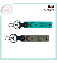 Ay Yıldız Temalı Kişiselleştirilebilir Tasarım Hediyelik Anahtarlık Seti, Koyu Turkuaz-Kül Gri