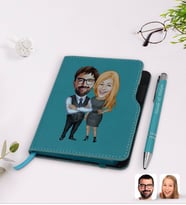 BK Gift Kişiye Özel Sevgililer Karikatürlü Turkuaz Termo Deri Defter Kalem Seti-100
