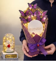 Led Işıklı Aynalı Mor Kelebek Buketi Kişiye Özel Led Işıklı Fanus Hediyeli (Model 1)