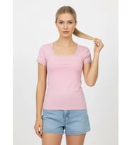 26016 Kadın Dantel Detaylı Kare Yaka Modal Örme Bluz (Pembe)
