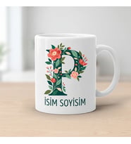 Kişiye Özel Baş Harf ve İsim Yazılı Çiçek Motiflili P Harfli Seramik Kupa Bardak