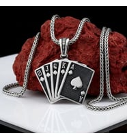 925 Ayar Gümüş Royal Flush İskambil Şans Oyun Erkek Kolye