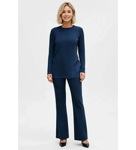 Kadın Büyük Beden Ribana Örme Uzun Kollu Rahat Kesim Wide Leg Pantolon Takım Konforlu Günlük Modern