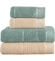 Çift Renk Jakarlı Banyo Havlu Takımı, 4'lü Paket 2 Parça (70x140),2 Parça (50x90) Yumuşak ve Emici, Kaliteli Günlük Kullanıma Uygun%100 Pamuk Havlu (Yeşil-Krem)