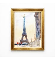 Tablore Paris Eyfel Kulesi Temalı Sulu Boya Tablo Altın Çerçeveli Kırmızı Şemsiyeli İnsanlar Duvar Dekoru