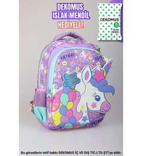 "DEKOMUS ISLAK MENDİL HEDİYELİ"  ÖZEL TASARIM "UNICORN KOLEKSİYONU" BÜYÜK BOY OKUL ÇANTASI