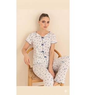 Çağrı Kadın %100 Pamuk Raporlu Fitilli Kısa Kollu Önü Düğmeli Pijama Takım (Mavi)