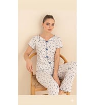 Çağrı Kadın %100 Pamuk Raporlu Fitilli Kısa Kollu Önü Düğmeli Pijama Takım (Mavi)