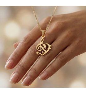 Şık Müzik Notası Kalp Harf Kolye 925K Gümüş Sevgiliye Hediye (Gold)