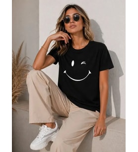 Minimal Gülümseyen Yüz Baskılı Tişört Kısa Kol Yazlık T-Shirt - Siyah