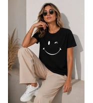 Minimal Gülümseyen Yüz Baskılı Tişört Kısa Kol Yazlık T-Shirt - Siyah