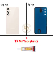Samsung Galaxy S23 FE Krem Renk Lensli Arka Kapak + B7000 Yapıştırıcı Arka Cam Batarya Kapağı Pil Kapağı Lazer Kesim Back Cover Galaxy S23 FE Uyumlu