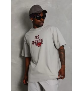 ERKEK Oversize Baskılı Bisiklet Yaka T-Shirt - Gri