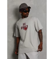 ERKEK Oversize Baskılı Bisiklet Yaka T-Shirt - Gri